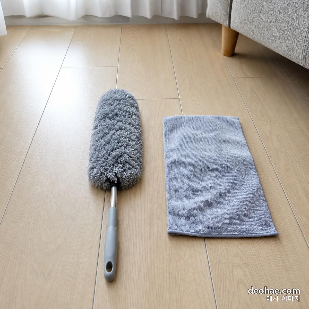 나란히 놓인 마른 먼지떨이와 물걸레